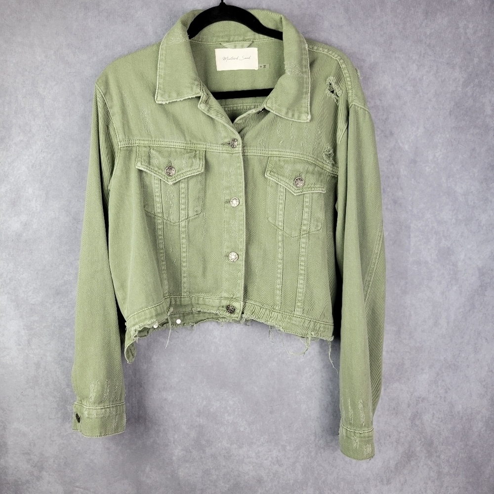MUSTARD SEED Distressed Detail Cropped Denim‎ Jacket with Chest Pockets Green M